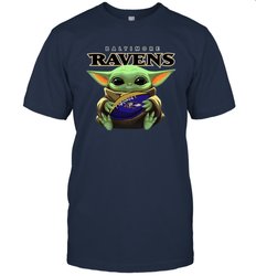 Baby Yoda Loves The Baltimore Ravens Star Wars Baby Yoda Hugs Ravens NFL Mens T-Shirt