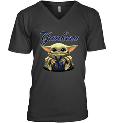 Baby Yoda Hugs Loves The New York Yankees Baseball Mens V-Neck T-Shirt Mens V-Neck T-Shirt - VeigarTee