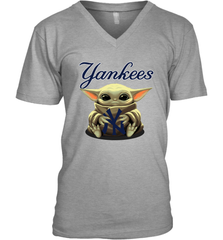 Baby Yoda Hugs Loves The New York Yankees Baseball Mens V-Neck T-Shirt Mens V-Neck T-Shirt - VeigarTee