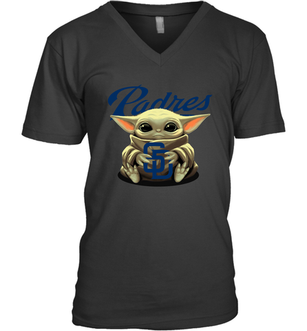Baby Yoda Hugs Loves The San Diego Padres Baseball Mens V-Neck T-Shirt Mens V-Neck T-Shirt / Black / S Mens V-Neck T-Shirt - VeigarTee