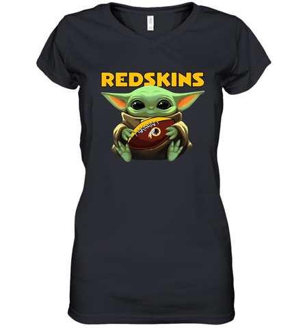 Baby Yoda Loves The Washington Redskins Star Wars Baby Yoda Hugs Redskins NFL Womens V-Neck T-Shirt Womens V-Neck T-Shirt / Black / S Womens V-Neck T-Shirt - VeigarTee
