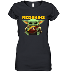 Baby Yoda Loves The Washington Redskins Star Wars Baby Yoda Hugs Redskins NFL Womens V-Neck T-Shirt Womens V-Neck T-Shirt - VeigarTee