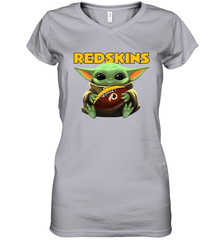 Baby Yoda Loves The Washington Redskins Star Wars Baby Yoda Hugs Redskins NFL Womens V-Neck T-Shirt Womens V-Neck T-Shirt - VeigarTee