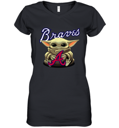 Baby Yoda Hugs Loves The Atlanta Braves Baseball Womens V-Neck T-Shirt