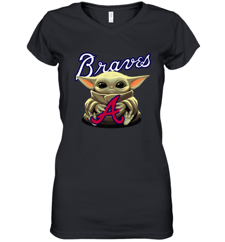Baby Yoda Hugs Loves The Atlanta Braves Baseball Womens V-Neck T-Shirt Womens V-Neck T-Shirt / Black / S Womens V-Neck T-Shirt - VeigarTee