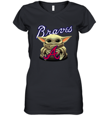 Baby Yoda Hugs Loves The Atlanta Braves Baseball Womens V-Neck T-Shirt Womens V-Neck T-Shirt - VeigarTee