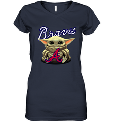 Baby Yoda Hugs Loves The Atlanta Braves Baseball Womens V-Neck T-Shirt