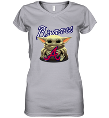 Baby Yoda Hugs Loves The Atlanta Braves Baseball Womens V-Neck T-Shirt Womens V-Neck T-Shirt - VeigarTee