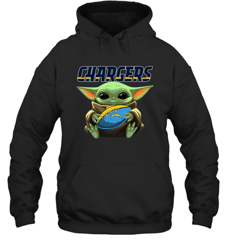 Baby Yoda Loves The Los Angeles Chargers Star Wars Baby Yoda Hugs Chargers NFL Adult Hoodie Sweatshirt Adult Hoodie Sweatshirt / Black / S Adult Hoodie Sweatshirt - VeigarTee