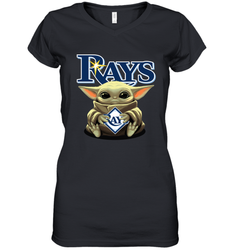 Baby Yoda Hugs Loves The Tampa Bay Rays Baseball Womens V-Neck T-Shirt