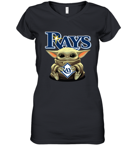 Baby Yoda Hugs Loves The Tampa Bay Rays Baseball Womens V-Neck T-Shirt Womens V-Neck T-Shirt / Black / S Womens V-Neck T-Shirt - VeigarTee