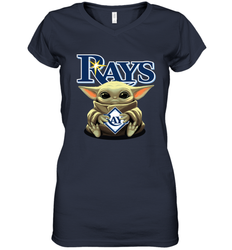 Baby Yoda Hugs Loves The Tampa Bay Rays Baseball Womens V-Neck T-Shirt