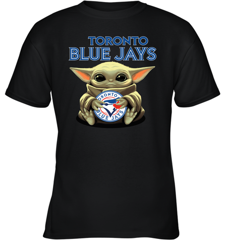 Baby Yoda Hugs Loves The Toronto Blue Jays Baseball Youth T-Shirt Youth T-Shirt / Black / XS Youth T-Shirt - VeigarTee