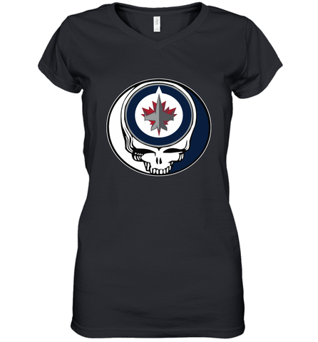 Winnipeg Jets Grateful Dead Steal Your Face Hockey NHL Womens V-Neck T-Shirt Womens V-Neck T-Shirt / Black / S Womens V-Neck T-Shirt - VeigarTee