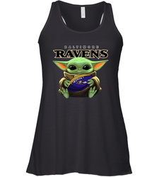 Baby Yoda Loves The Baltimore Ravens Star Wars Baby Yoda Hugs Ravens NFL Womens Racerback Tank Top