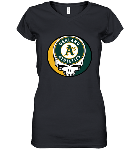 Oakland Athletics Grateful Dead Steal Your Face Baseball Womens V-Neck T-Shirt Womens V-Neck T-Shirt / Black / S Womens V-Neck T-Shirt - VeigarTee