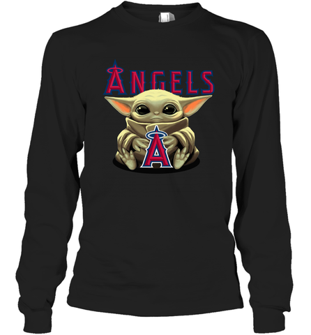 Baby Yoda Hugs Loves The Los Angeles Angels Baseball Adult Long Sleeve T-Shirt Adult Long Sleeve T-Shirt / Black / S Adult Long Sleeve T-Shirt - VeigarTee