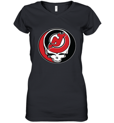 New Jersey Devils Grateful Dead Steal Your Face Hockey NHL Womens V-Neck T-Shirt