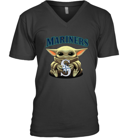 Baby Yoda Hugs Loves The Seattle Mariners Baseball Mens V-Neck T-Shirt Mens V-Neck T-Shirt / Black / S Mens V-Neck T-Shirt - VeigarTee