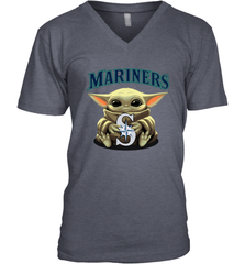 Baby Yoda Hugs Loves The Seattle Mariners Baseball Mens V-Neck T-Shirt Mens V-Neck T-Shirt - VeigarTee