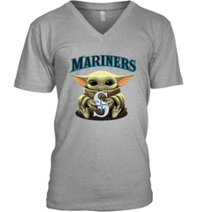 Baby Yoda Hugs Loves The Seattle Mariners Baseball Mens V-Neck T-Shirt Mens V-Neck T-Shirt - VeigarTee