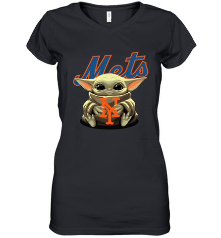 Baby Yoda Hugs Loves The New York Mets Baseball Womens V-Neck T-Shirt Womens V-Neck T-Shirt / Black / S Womens V-Neck T-Shirt - VeigarTee