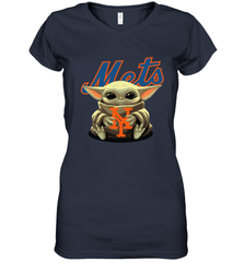 Baby Yoda Hugs Loves The New York Mets Baseball Womens V-Neck T-Shirt Womens V-Neck T-Shirt - VeigarTee