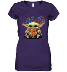 Baby Yoda Hugs Loves The New York Mets Baseball Womens V-Neck T-Shirt Womens V-Neck T-Shirt - VeigarTee