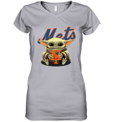 Baby Yoda Hugs Loves The New York Mets Baseball Womens V-Neck T-Shirt Womens V-Neck T-Shirt - VeigarTee