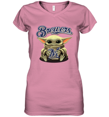 Baby Yoda Hugs Loves The Milwaukee Brewers Baseball Womens V-Neck T-Shirt Womens V-Neck T-Shirt - VeigarTee
