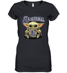 Baby Yoda Hugs Loves The Milwaukee Brewers Baseball Womens V-Neck T-Shirt