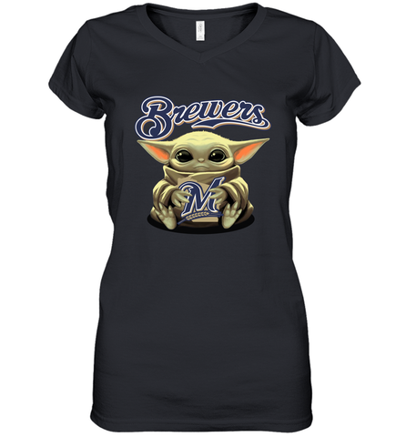 Baby Yoda Hugs Loves The Milwaukee Brewers Baseball Womens V-Neck T-Shirt Womens V-Neck T-Shirt / Black / S Womens V-Neck T-Shirt - VeigarTee