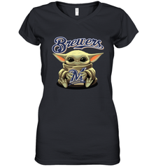 Baby Yoda Hugs Loves The Milwaukee Brewers Baseball Womens V-Neck T-Shirt Womens V-Neck T-Shirt - VeigarTee