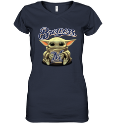 Baby Yoda Hugs Loves The Milwaukee Brewers Baseball Womens V-Neck T-Shirt