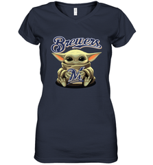 Baby Yoda Hugs Loves The Milwaukee Brewers Baseball Womens V-Neck T-Shirt Womens V-Neck T-Shirt - VeigarTee