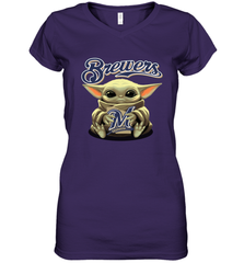 Baby Yoda Hugs Loves The Milwaukee Brewers Baseball Womens V-Neck T-Shirt Womens V-Neck T-Shirt - VeigarTee