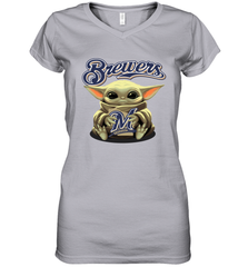 Baby Yoda Hugs Loves The Milwaukee Brewers Baseball Womens V-Neck T-Shirt Womens V-Neck T-Shirt - VeigarTee