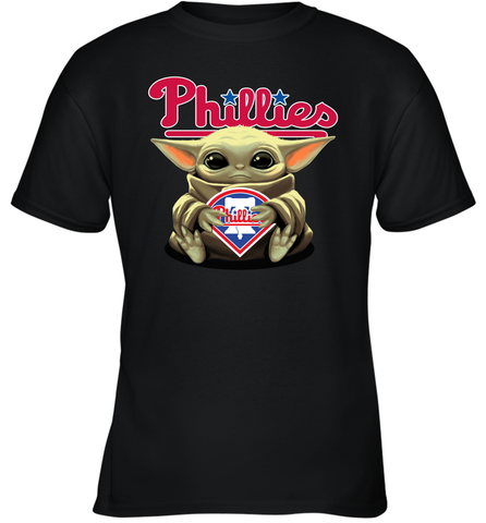 Baby Yoda Hugs Loves The Philadelphia Phillies Baseball Youth T-Shirt Youth T-Shirt / Black / XS Youth T-Shirt - VeigarTee