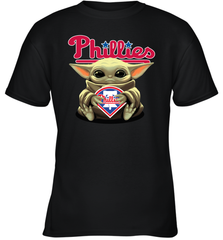 Baby Yoda Hugs Loves The Philadelphia Phillies Baseball Youth T-Shirt Youth T-Shirt - VeigarTee