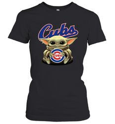 Baby Yoda Hugs Loves The Chicago Cubs Baseball Womens T-Shirt