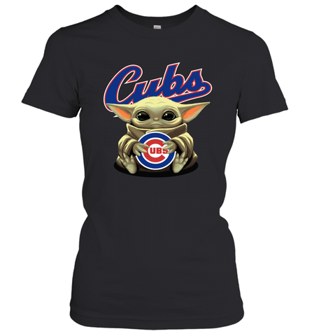 Baby Yoda Hugs Loves The Chicago Cubs Baseball Womens T-Shirt Womens T-Shirt / Black / XS Womens T-Shirt - VeigarTee