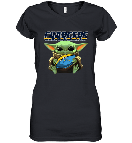 Baby Yoda Loves The Los Angeles Chargers Star Wars Baby Yoda Hugs Chargers NFL Womens V-Neck T-Shirt Womens V-Neck T-Shirt / Black / S Womens V-Neck T-Shirt - VeigarTee