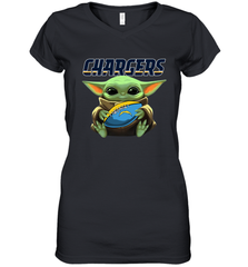Baby Yoda Loves The Los Angeles Chargers Star Wars Baby Yoda Hugs Chargers NFL Womens V-Neck T-Shirt Womens V-Neck T-Shirt - VeigarTee