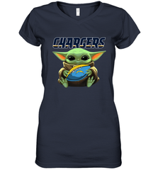 Baby Yoda Loves The Los Angeles Chargers Star Wars Baby Yoda Hugs Chargers NFL Womens V-Neck T-Shirt Womens V-Neck T-Shirt - VeigarTee