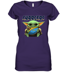 Baby Yoda Loves The Los Angeles Chargers Star Wars Baby Yoda Hugs Chargers NFL Womens V-Neck T-Shirt Womens V-Neck T-Shirt - VeigarTee