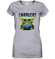Baby Yoda Loves The Los Angeles Chargers Star Wars Baby Yoda Hugs Chargers NFL Womens V-Neck T-Shirt Womens V-Neck T-Shirt - VeigarTee