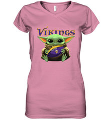 Baby Yoda Loves The Minnesota Vikings Star Wars Baby Yoda Hugs Vikings NFL Womens V-Neck T-Shirt Womens V-Neck T-Shirt - VeigarTee