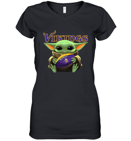 Baby Yoda Loves The Minnesota Vikings Star Wars Baby Yoda Hugs Vikings NFL Womens V-Neck T-Shirt Womens V-Neck T-Shirt / Black / S Womens V-Neck T-Shirt - VeigarTee