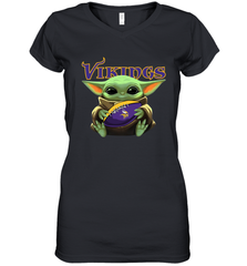Baby Yoda Loves The Minnesota Vikings Star Wars Baby Yoda Hugs Vikings NFL Womens V-Neck T-Shirt Womens V-Neck T-Shirt - VeigarTee