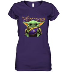 Baby Yoda Loves The Minnesota Vikings Star Wars Baby Yoda Hugs Vikings NFL Womens V-Neck T-Shirt Womens V-Neck T-Shirt - VeigarTee
